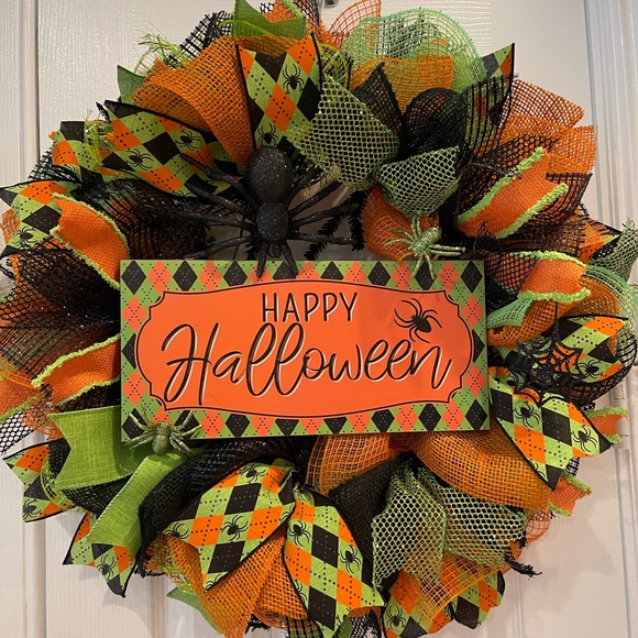 Halloween Wreath Happy Halloween BLK, orange, lime argyle Spider GLITTER wreath - Picture 1 of 7
